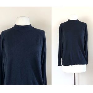 vtg navy silk knit top mock turtle neck 50s 60s